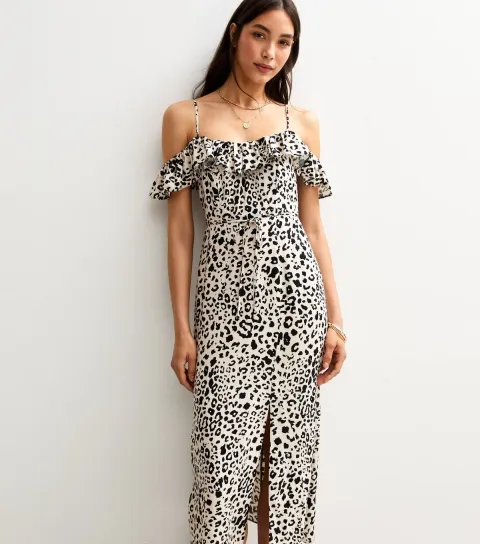 New Look Women's Brown Leopard Print Frill Trim Cold Shoulder Midi Dress