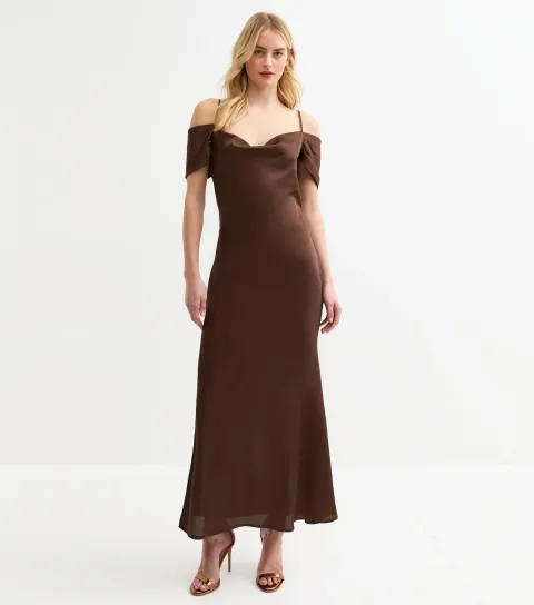 Women's Tall Dark Brown Bardot Satin Midi Dress