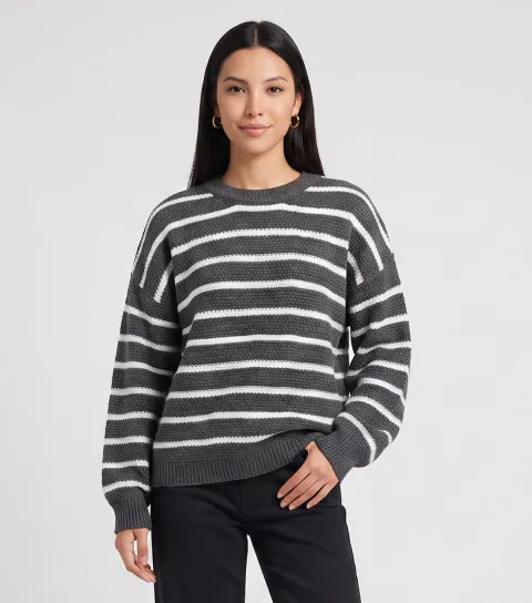 Gini London Women's Dark Grey Striped Chunky Knit Oversize Jumper
