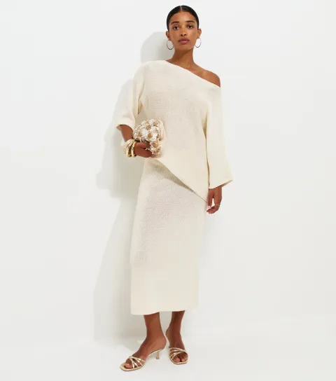 Women's Off White Cotton Rich Open Knit Midi Skirt