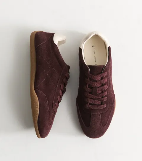 Women's Premium Dark Burgundy Real Suede Lace Up Trainers