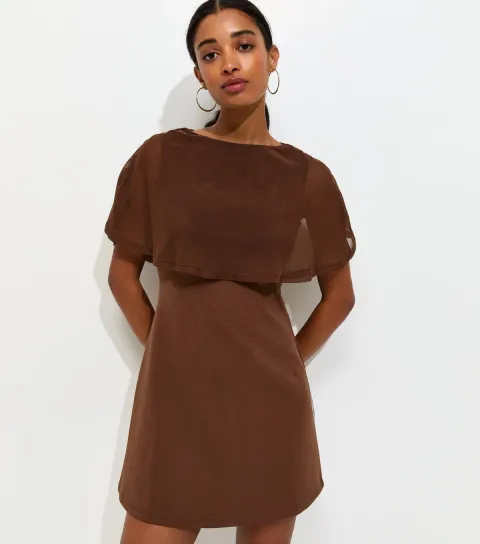 New Look Women's Dark Brown Mesh Cape Mini Dress