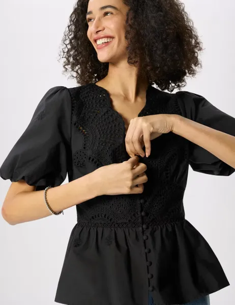 Whistles Pure Cotton Broderie V-Neck Blouse Black