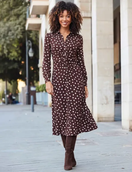 SOSANDAR Polka Dot Print Twist Front Shirt Dress