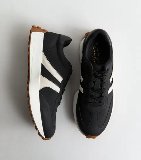 Women's Black Faux Suede Side Stripe Sporty Trainers Vegan