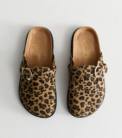 Women's Brown Leopard Print Suedette Buckled Clogs Vegan