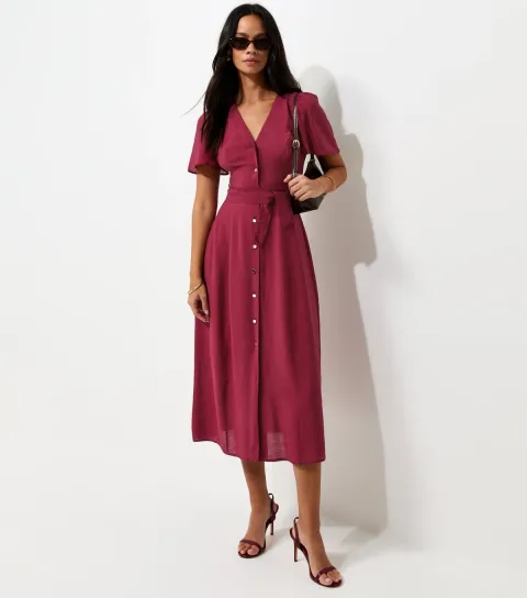 Women's Dark Burgundy Button Front Flutter Sleeve Midi Dress