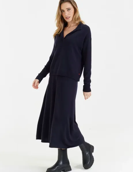 Chinti & Parker Midi A-Line Skirt with Cashmere Navy