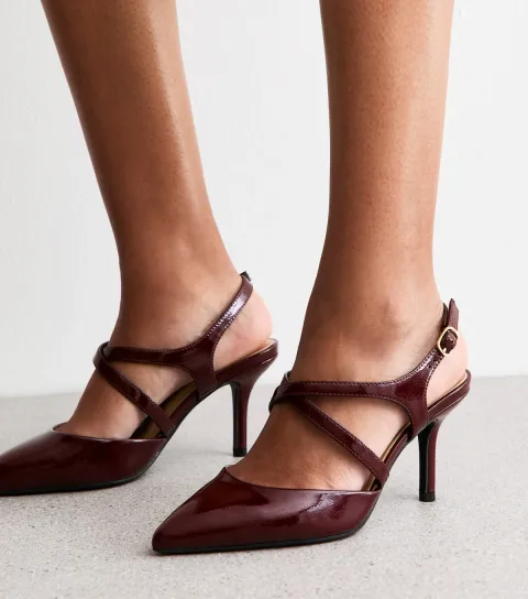 Women's Wide Fit Dark Burgundy Patent Faux Leather Heels Vegan