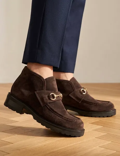 Suede Block Heel Ankle Boots Chocolate