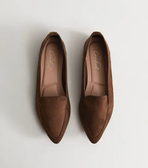 Women's Brown Faux Suede Pointed Toe Flats Vegan