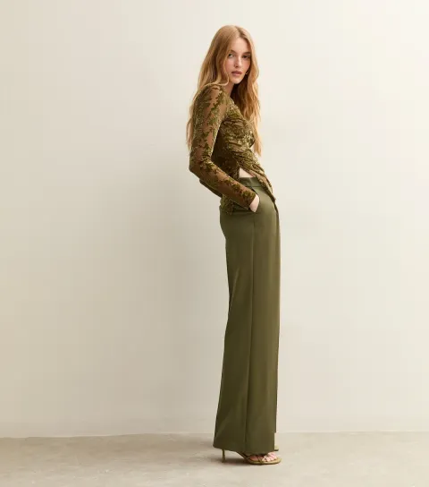 Women's Khaki Pleated Front Wide Leg Trousers