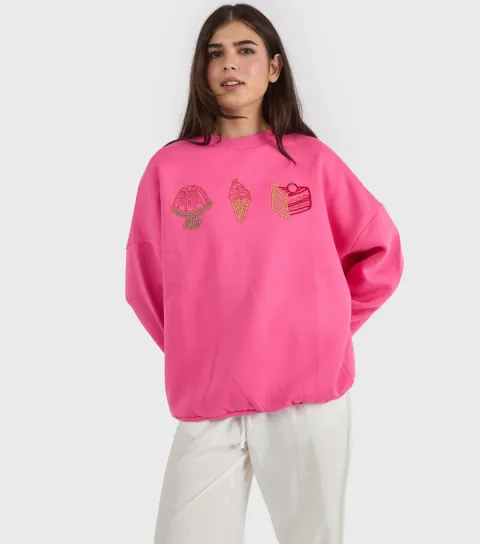 Women's Bright Pink Beaded Cake Sweatshirt