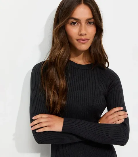 Women's Petite Black Lightweight Rib Midi Dress