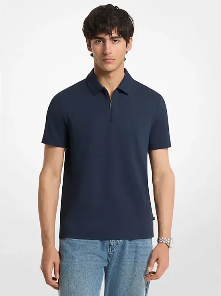 Cotton Blend Piqué Zip-Up Polo Shirt