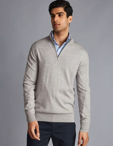 Charles Tyrwhitt Pure Merino Wool Half Zip Jumper Grey