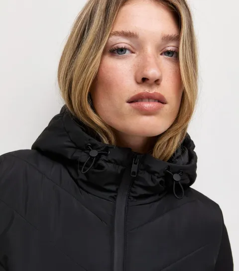 Women's Black Woven Knit Hybrid Hooded Jacket