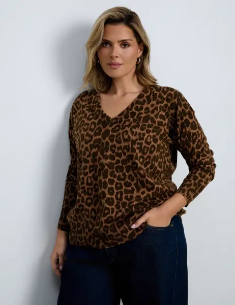Cotton Rich Leopard Print V-Neck Jumper Medium Brown