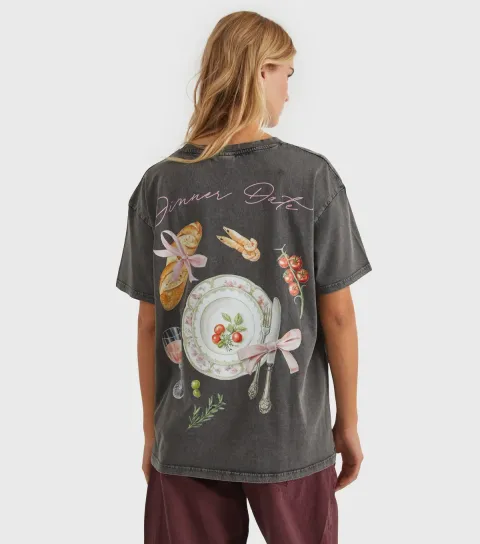 Women's Dark Grey Acid Wash Dinner Date T-Shirt