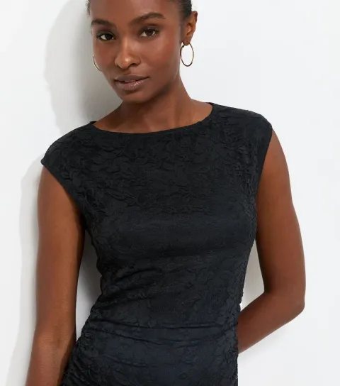 Women's Black Lace Ruched Side Sleeveless Midi Dress