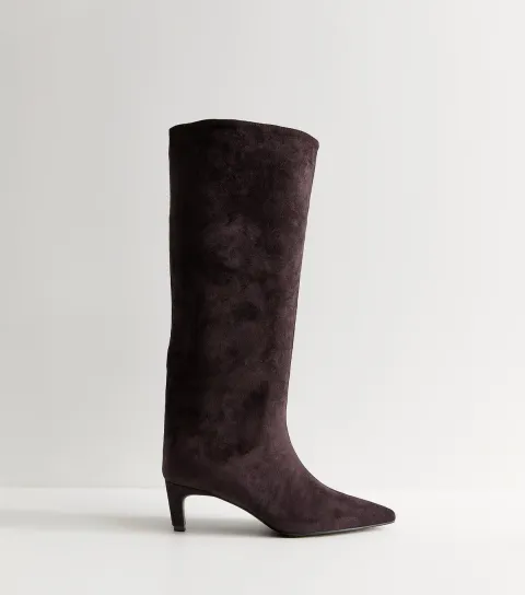 Women's Dark Burgundy Faux Suede Kitten Heel Knee High Boots Vegan