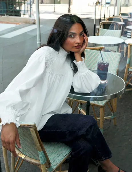RO&ZO Pure Cotton Shirred High Neck Blouse White