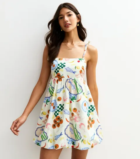 Women's White Fish Print Puffball Hem Mini Cami Dress