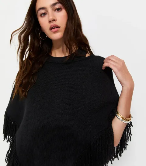 Women's Black Knitted Fringe Poncho