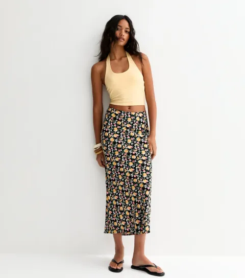 Women's Black Fruit Print Bias Cut Midi Skirt