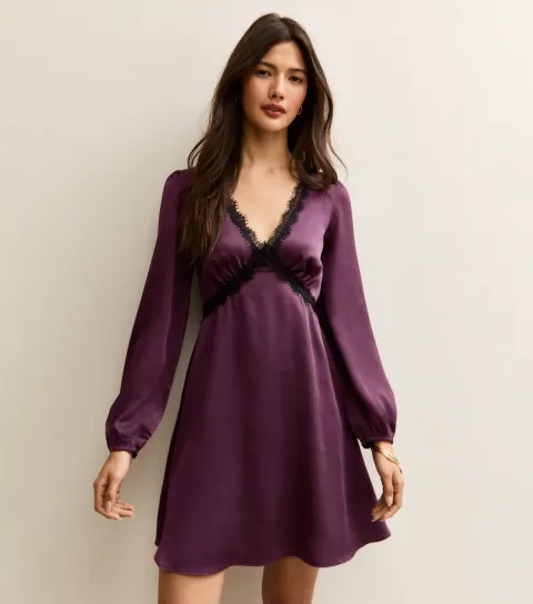 Women's Dark Purple Textured Satin Lace Trim Mini Dress