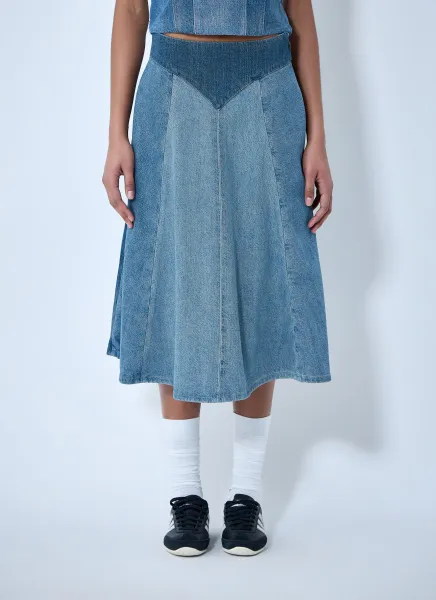 Paneled Denim Midi Skirt