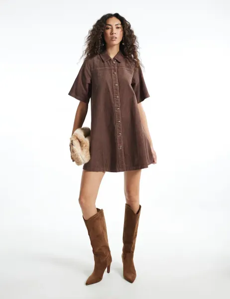 River Island Cord Button Front Mini Smock Dress Dark Brown