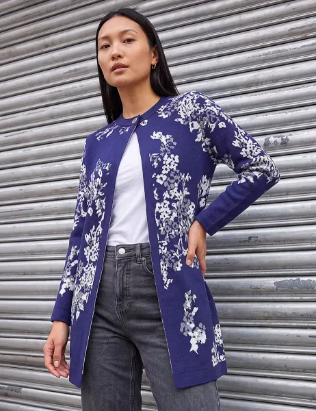 Roman Floral Jacquard Knitted Coatigan Blue Mix