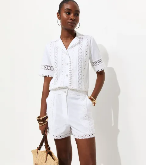 Women's White Cotton Lace Trim Embroidered Shorts