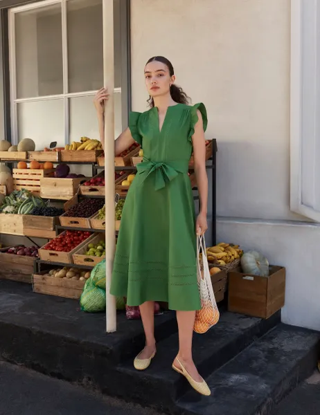 Hobbs Pure Cotton Notch Neck Midi Skater Dress Green