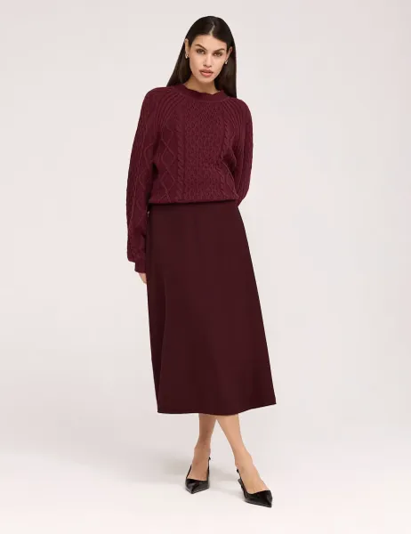 Finery London Twill Midi A-Line Skirt Burgundy