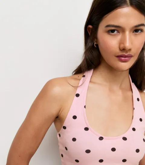 Women's Pink Cotton Rich Polka Dot Scoop Halter Neck Top