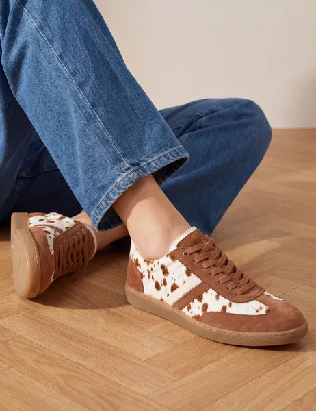 Jones Bootmaker Suede Cow Print Lace Up Trainers Multi