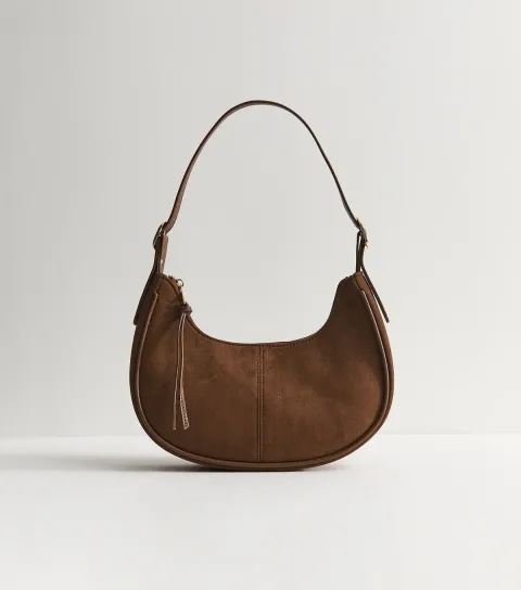 Tan Faux Suede Curved Base Oval Shoulder Bag