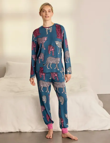 Chelsea Peers Crew Neck Jewel Leopard Print Pyjama Set Teal