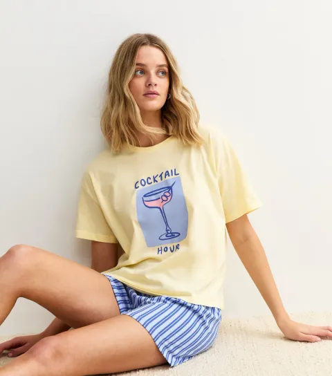Women's Yellow Cocktail Hour Print T-Shirt and Shorts Pyjama Set