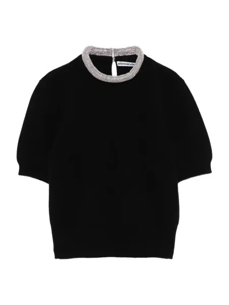 Short Sleeves Crystal Tubular Necklace T-Shirt Black