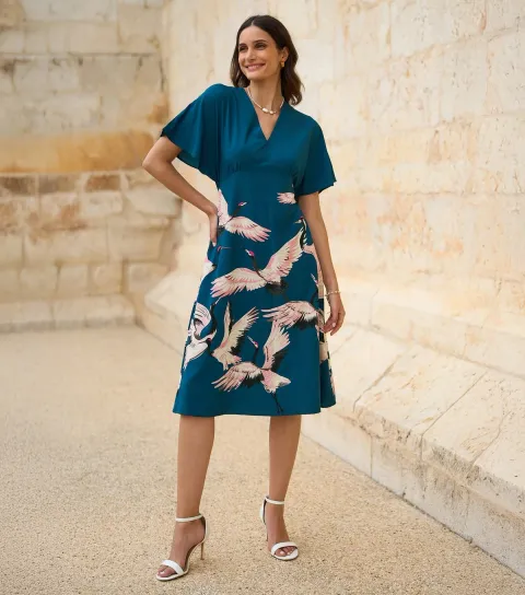 Women's Teal Bird Print Midi Dress