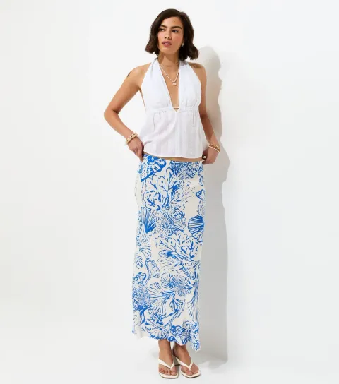 Women's Blue Shell Print Bias Cut Midi Skirt