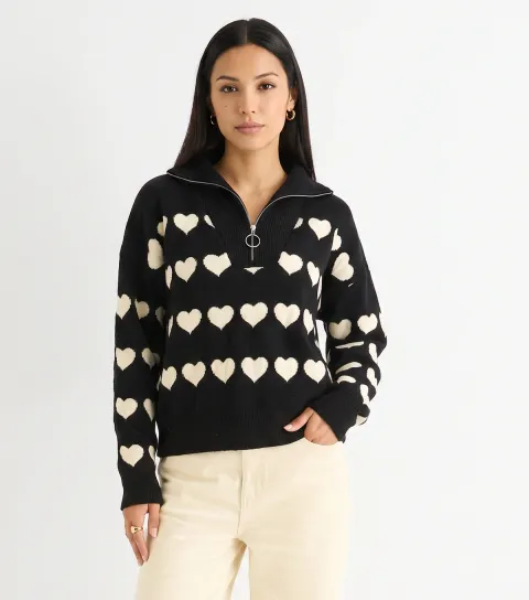 Gini London Women's Black Heart Pattern Knitted Jumper