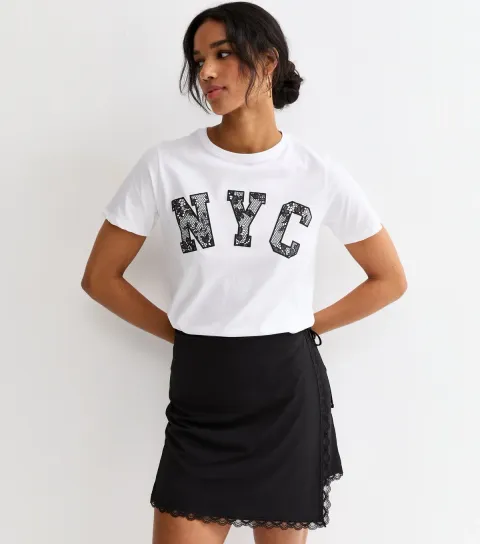 Women's White Cotton Lace NYC Logo T-Shirt