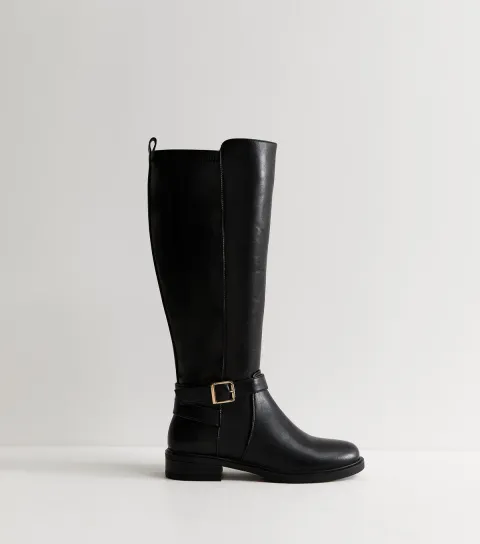 Women's Wide Fit Black Faux Leather 31 Stretch Riding Boots Vegan