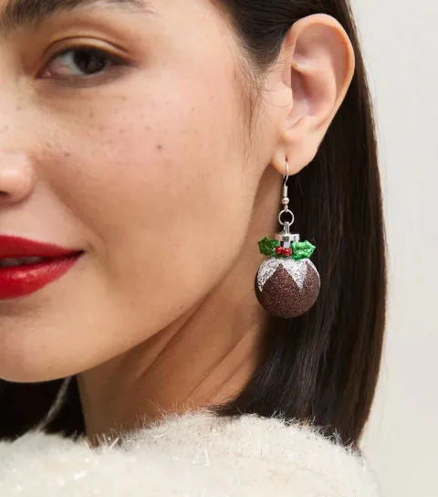 New Look Brown Christmas Pudding Enamel Drop Earrings