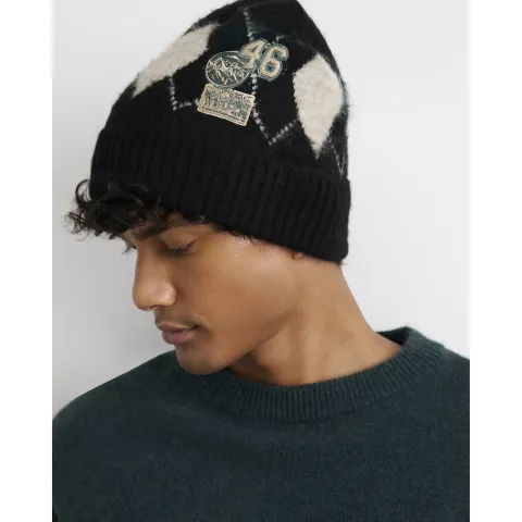 River Island Badge Argyle Beanie Hat