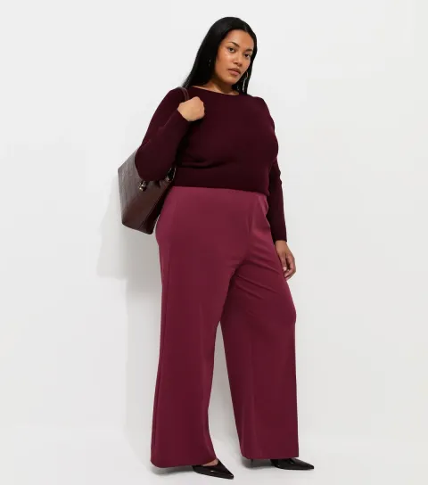New Look Women's Plus Size Dark Burgundy Jersey Wide Leg Trousers Curves